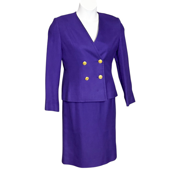 Vintage Celine Paris Skirt Suit Royal Purple Double Breasted Gold Buttons Medium - Picture 1 of 11